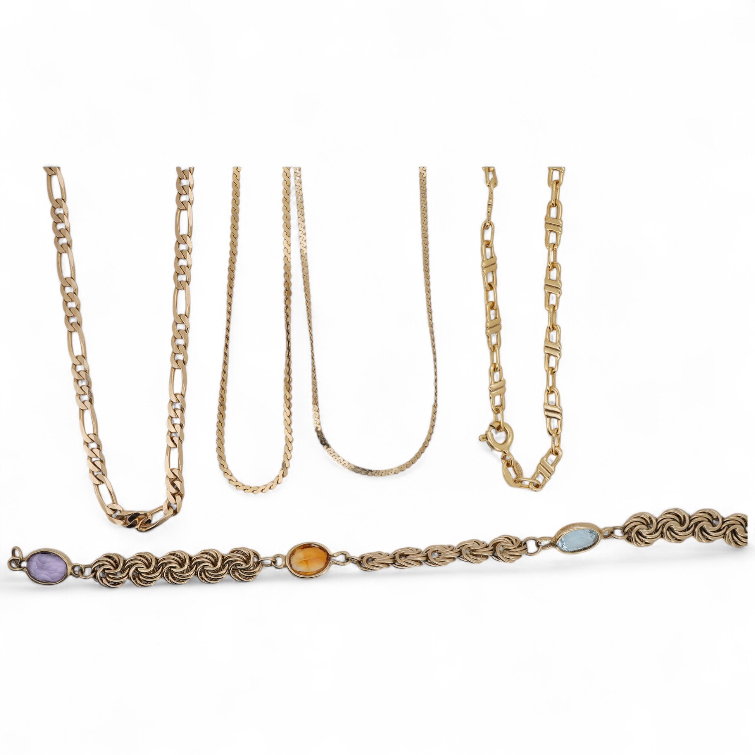 Three necklaces and two bracelets, comprising: a gold figaro chain and a flat fancy link chain, each 45cm, marked 14K, combined gross weight approximately 9 grams; a flat link necklace in gold, length 37cm, Italian maker